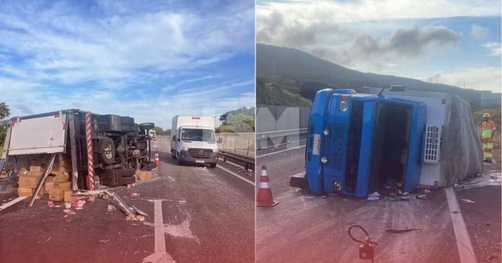 Caminhão carregado de laticínios tomba na Via Lagos e deixa motorista ferido em São Pedro da Aldeia